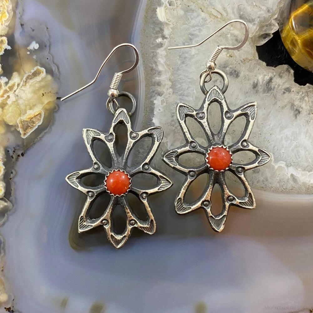 Kevin Billah Native American Sterling Coral Flower Decorated Dangle Earrings #2
